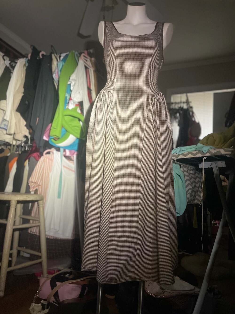 Vintage Brown Gingham Open Back Midi Dress Cottagecore Prairie Style